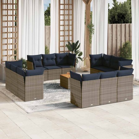 Set sofás de jardín con cojines 13 piezas ratán sintético gris