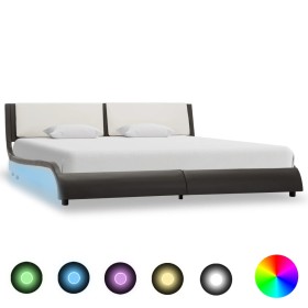 Estructura de cama con LED cuero PE gris y blanco 160x200 cm