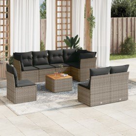 Set de muebles de jardín 9 pzas y cojines ratán sintético gris