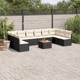 Set de sofás de jardín 11 pzas y cojines ratán sintético negro