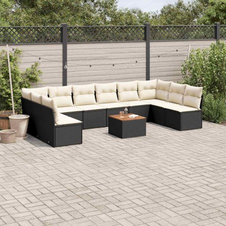 Set de sofás de jardín 11 pzas y cojines ratán sintético negro