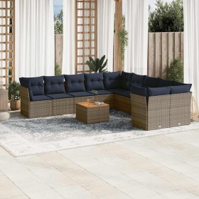 Set de sofás de jardín 11 pzas y cojines ratán sintético gris