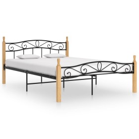 Estructura de cama madera maciza de roble metal negro 140x200 cm