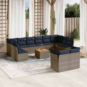 Set sofás de jardín con cojines 13 piezas ratán sintético gris