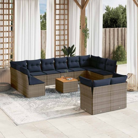 Set sofás de jardín con cojines 13 piezas ratán sintético gris