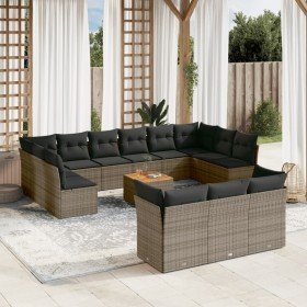 Set de sofás de jardín 14 pzas con cojines ratán sintético gris