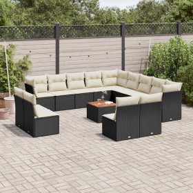 Set de sofás de jardín y cojines 14 pzas ratán sintético negro