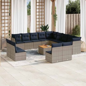 Set de sofás de jardín y cojines 14 pzas ratán sintético gris