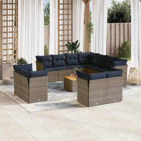 Set sofás de jardín con cojines 12 piezas ratán sintético gris