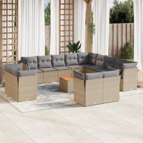 Set sofás jardín 14 pzas y cojines ratán sintético beige mezcla