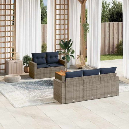 Set de sofás de jardín 6 pzas con cojines ratán sintético gris