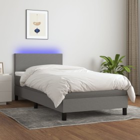 Cama box spring con colchón y LED tela gris oscuro 80x200 cm