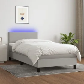 Box spring bed mattress and LED lights light gray fabric 90x200 cm by vidaXL, Beds and slatted bases - Ref: Foro24-3132965, P...