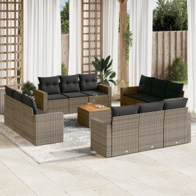 Set sofás de jardín con cojines 13 piezas ratán sintético gris