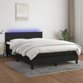 Cama box spring con colchón y LED tela negro 140x190 cm