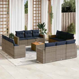 Set sofás de jardín con cojines 13 piezas ratán sintético gris