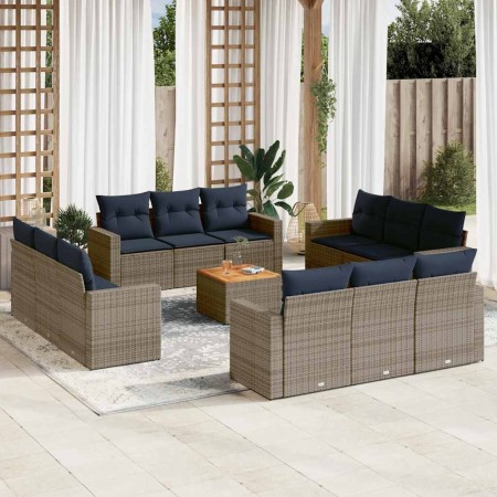 Set sofás de jardín con cojines 13 piezas ratán sintético gris