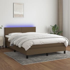 Cama box spring con colchón LED tela marrón oscuro 140x200 cm