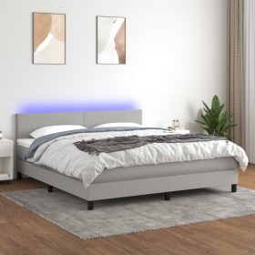 Cama box spring con colchón tela y LED gris claro 160x200 cm