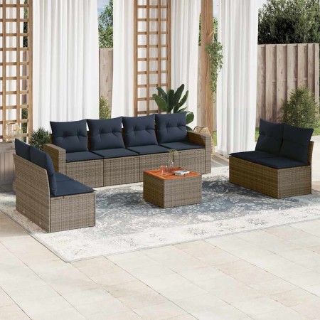 Set de sofás de jardín 9 pzas con cojines ratán sintético gris