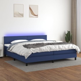 Cama box spring con colchón y LED tela azul 200x200 cm