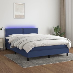 Cama box spring colchón y luces LED tela azul 140x200 cm