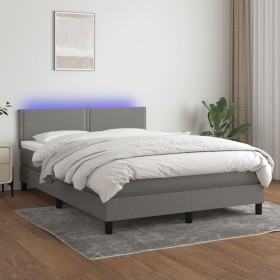 Cama box spring colchón y luces LED tela gris oscuro 140x200 cm