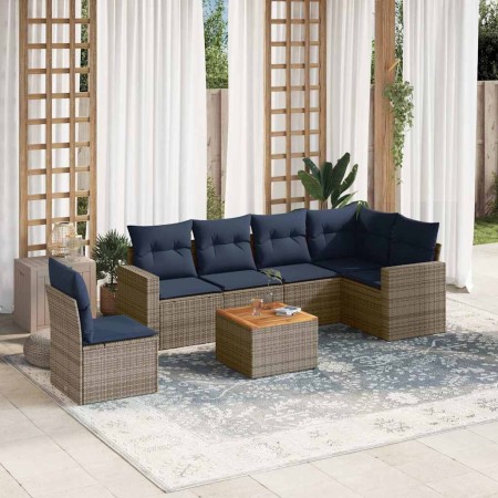 Set de sofás de jardín 7 pzas con cojines ratán sintético gris