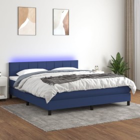 Cama box spring colchón y luces LED tela azul 160x200 cm