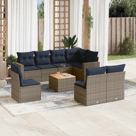 Set de sofás de jardín 9 pzas con cojines ratán sintético gris