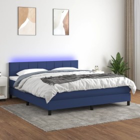 Cama box spring colchón y luces LED tela azul 180x200 cm