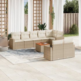 Set de sofás de jardín 9 pzas con cojines ratán sintético beige Set de sofás de jardín 9 pzas con cojines ratán sintético beige