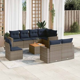Set de sofás de jardín 9 pzas con cojines ratán sintético gris
