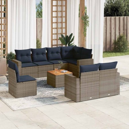 Set de sofás de jardín 9 pzas con cojines ratán sintético gris