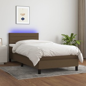 Cama box spring colchón y luces LED tela marrón oscuro 90x200cm