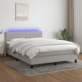 Cama box spring colchón y luces LED tela gris claro 140x190 cm