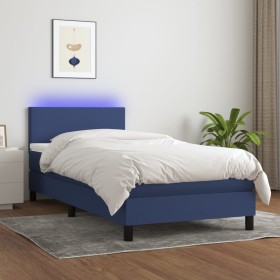 Cama box spring con colchón y LED tela azul 90x200 cm