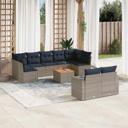 Set de sofás de jardín 10 pzas con cojines ratán sintético gris
