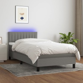 Cama box spring colchón y luces LED tela gris oscuro 90x190 cm