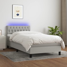 Cama box spring colchón y luces LED tela gris claro 90x190 cm