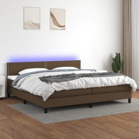 Cama box spring colchón luces LED tela marrón oscuro 200x200 cm