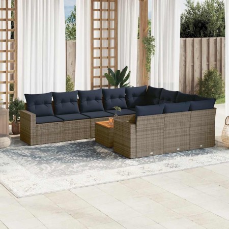 Set de sofás de jardín 11 pzas y cojines ratán sintético gris