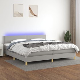 Cama box spring con colchón tela y LED gris claro 200x200 cm