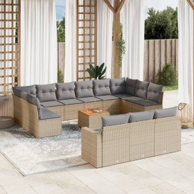 Set sofás jardín 14 pzas y cojines ratán sintético beige mezcla