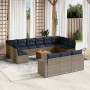 Set de sofás de jardín y cojines 14 pzas ratán sintético gris