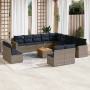 Set de sofás de jardín y cojines 14 pzas ratán sintético gris