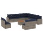 Set de sofás de jardín y cojines 14 pzas ratán sintético gris