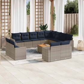 Set sofás de jardín con cojines 13 piezas ratán sintético gris