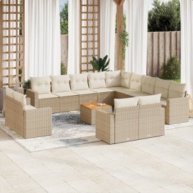 Set sofás de jardín 14 pzas con cojines ratán sintético beige