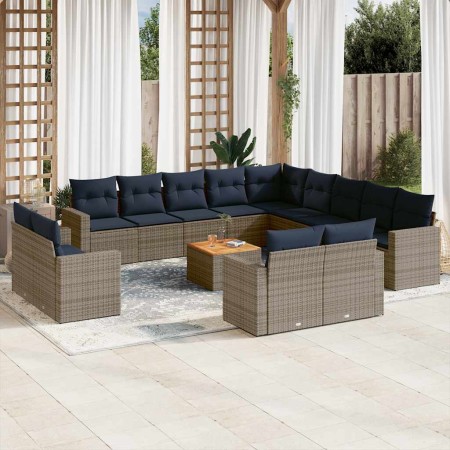 Set de sofás de jardín y cojines 14 pzas ratán sintético gris